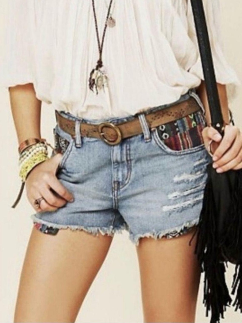 Free People Aztec Embroidered Cut Off Distressed Denim Shorts Size 31